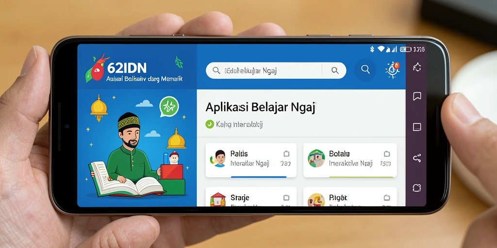 Tampilan antarmuka utama aplikasi 62IDN untuk belajar mengaji.